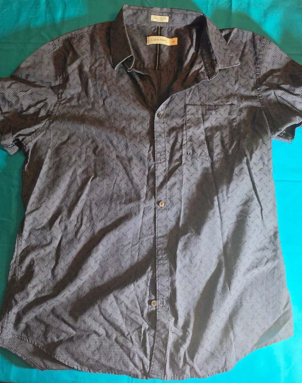 Calvin Klein Men's Blue Grid Pattern Short Sleeve Button Down Shirt Size L
